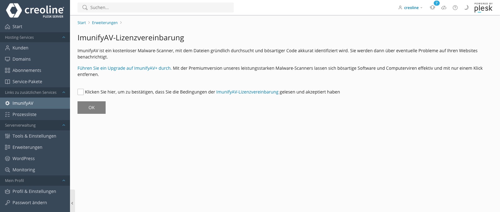 Plesk - ImunifyAV Lizenzvereinbarung