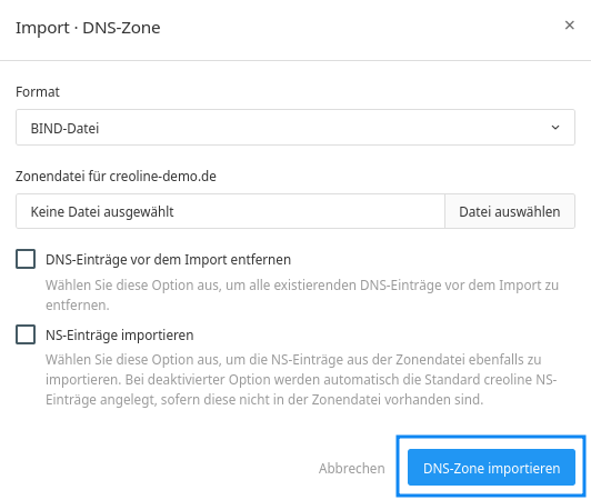 Pop-up zum Importieren von DNS-Zonen