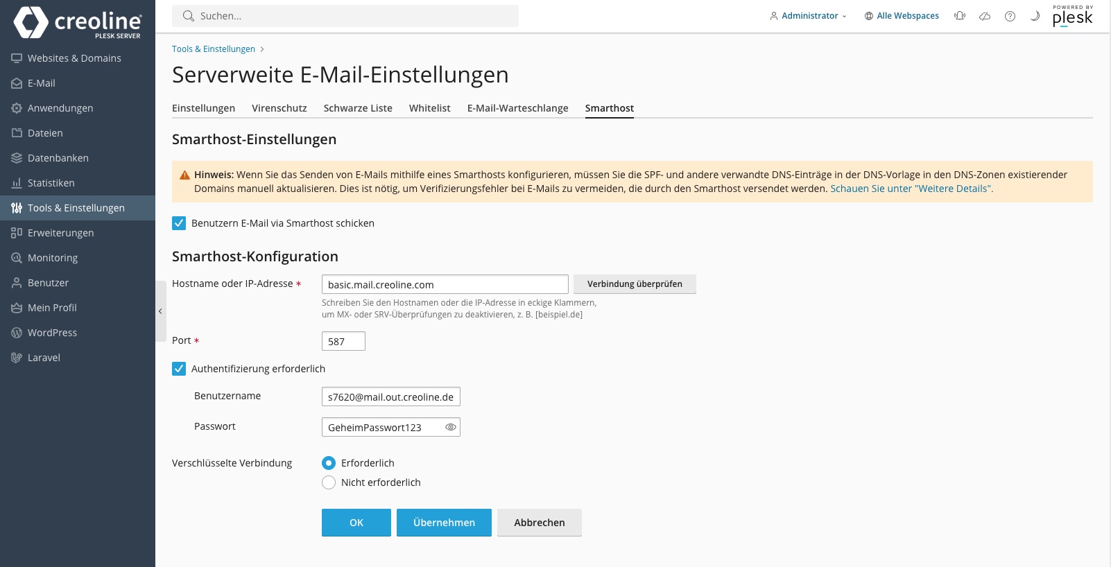 Plesk Control Panel - Smarthost Konfiguration