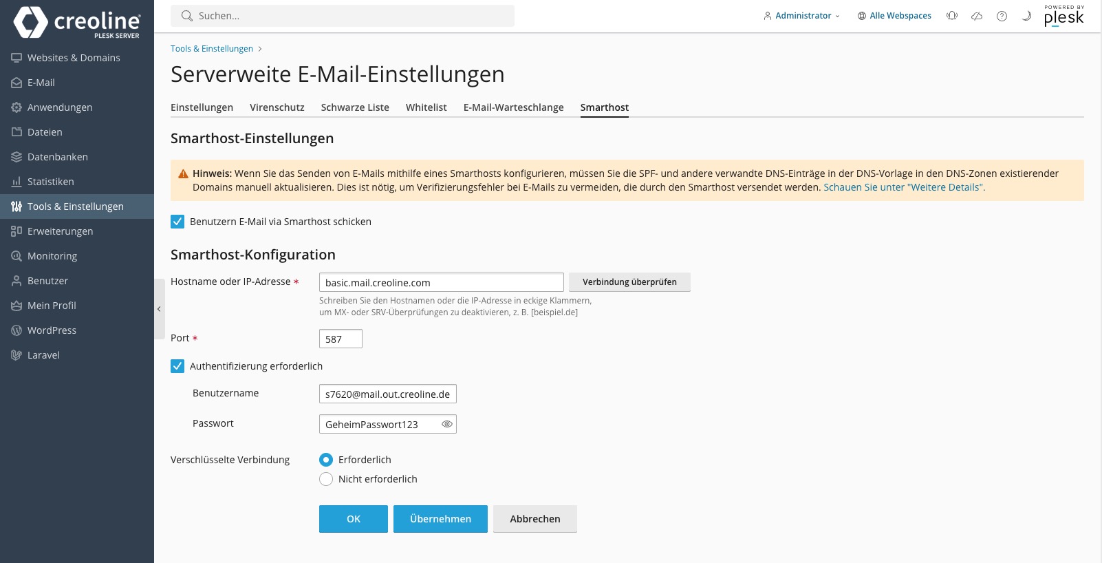 Plesk Control Panel - Smarthost Configuration