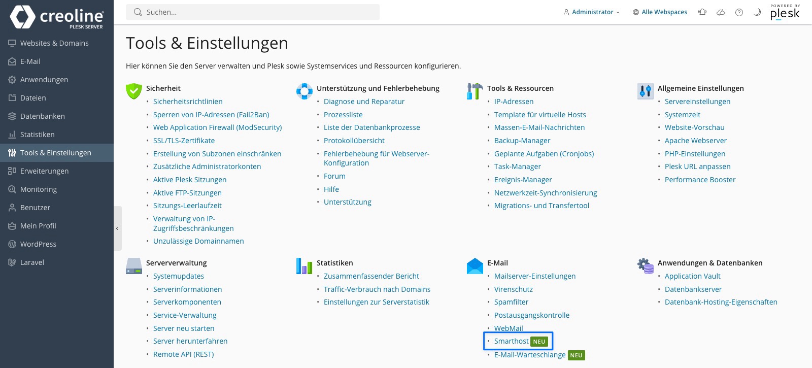 Plesk Control Panel - Tools & Einstellungen