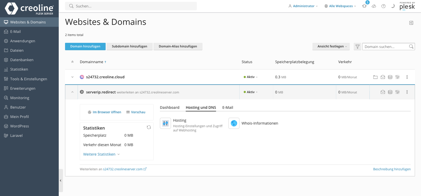 Plesk Control Panel - Übersicht Websites & Domains