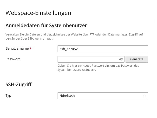 Webspace-Einstellungen - Anmeldedaten für Systembenutzer