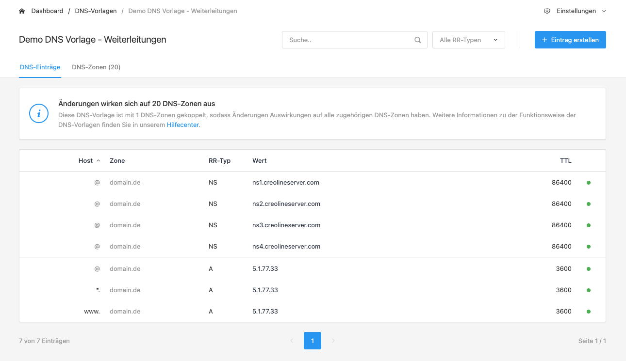 Change DNS template (20 connected DNS zones)