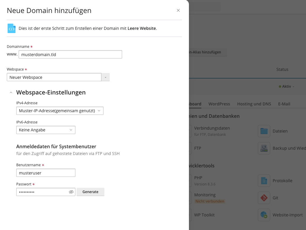 Plesk Control Panel - Neue Domain hinzufügen