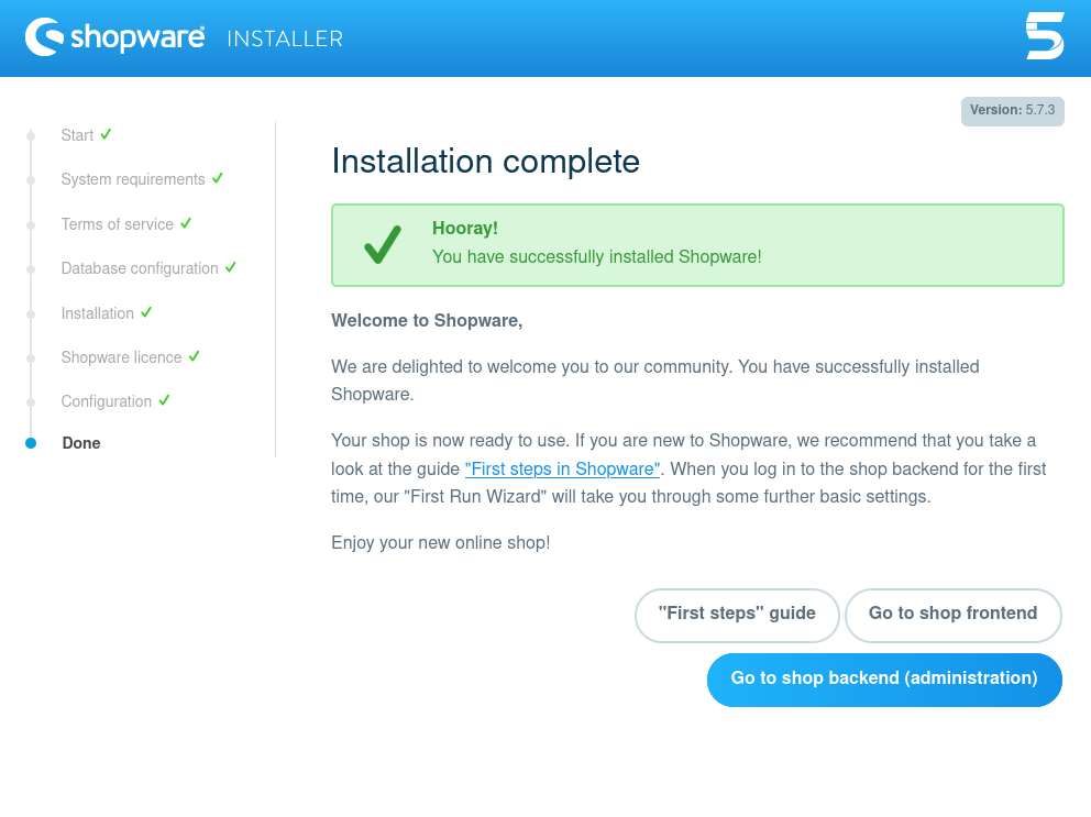 Shopware 5 Installation - Abgeschlossen