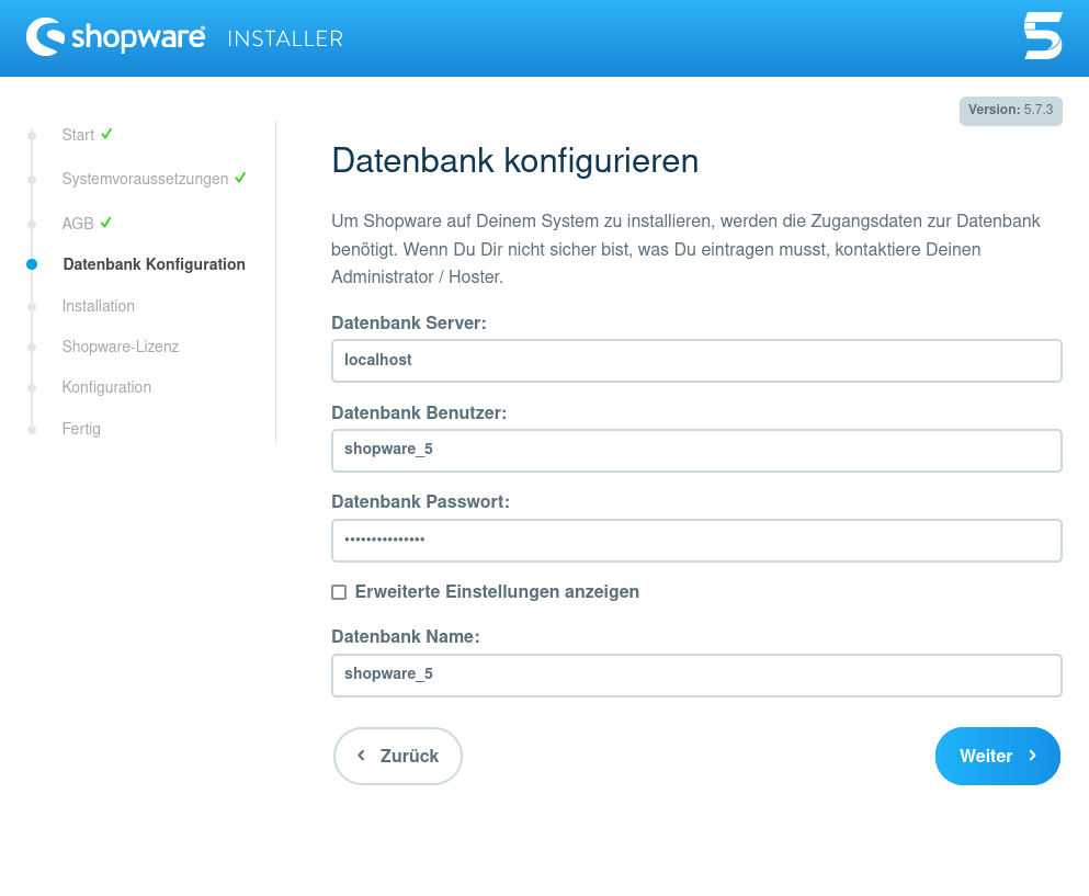 Shopware 5 Installation - Database configuration