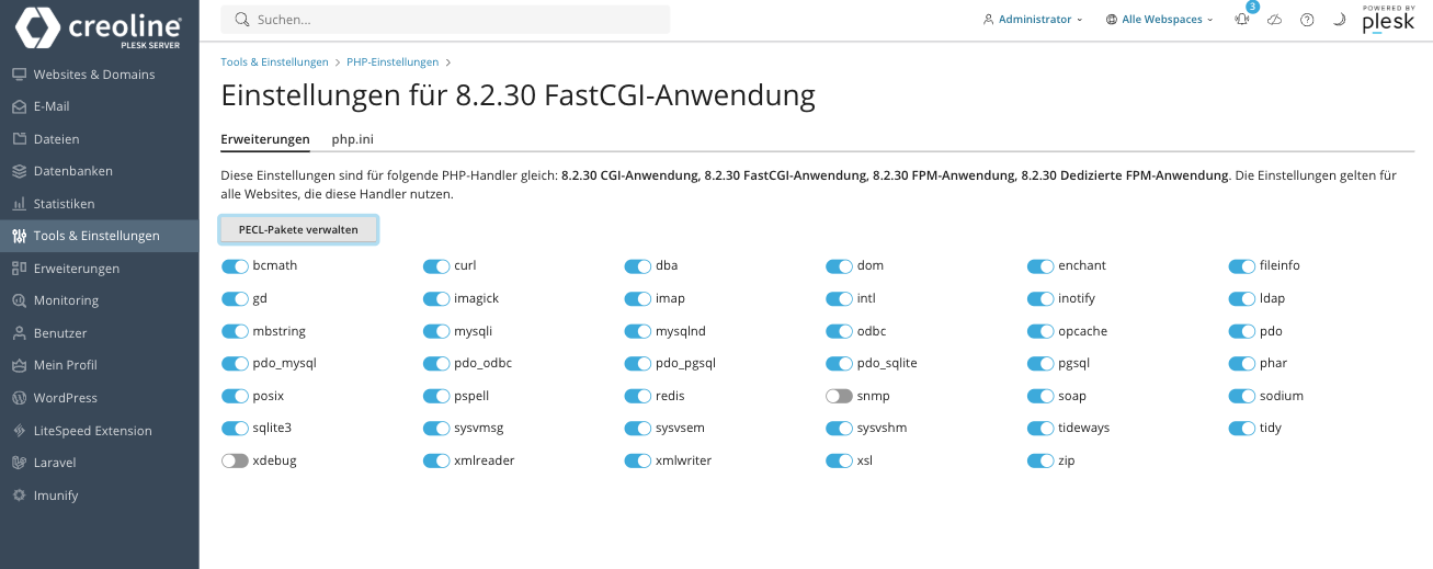 Übersicht installierter/aktivierter Extensions