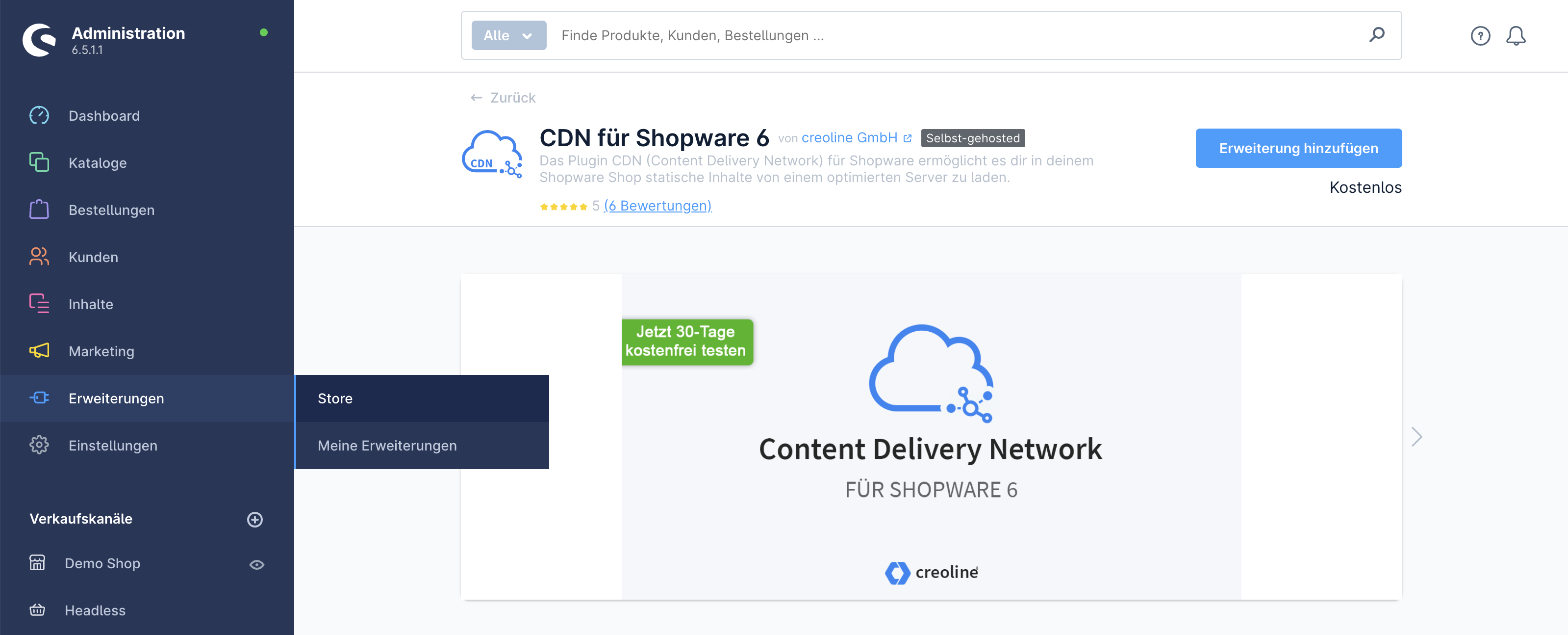 Erweiterungen - Shopware Administration