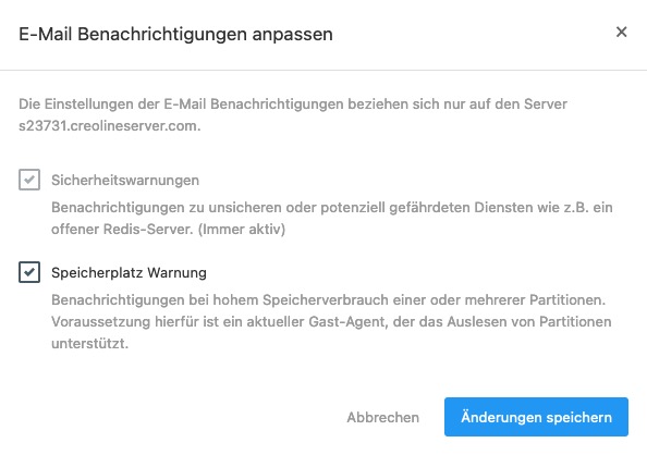 Kundencenter - Serverdetails E-Mail Benachrichtigungen