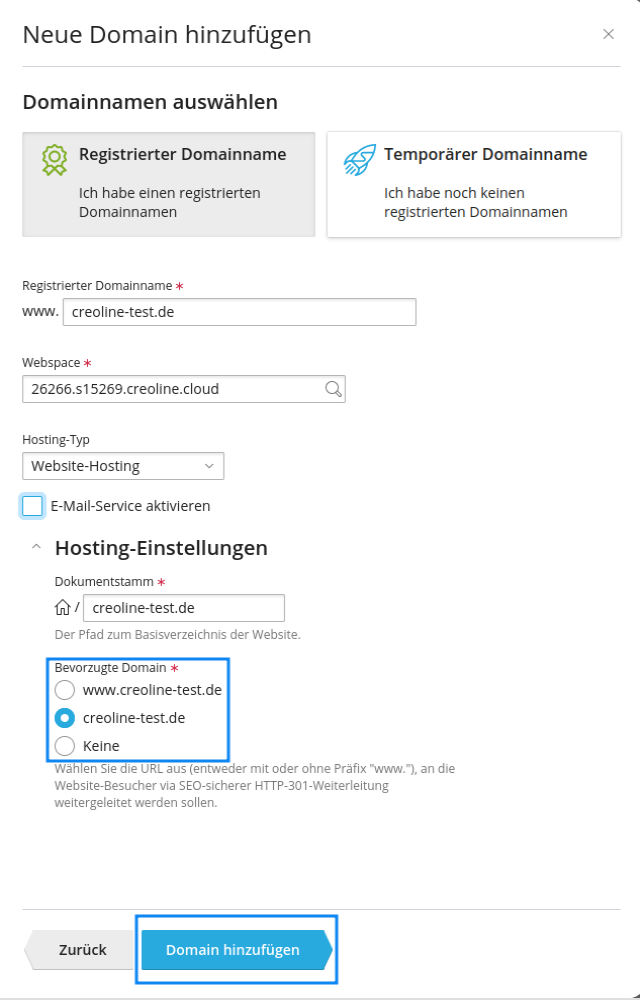 Plesk - Einstellungen "Neue Domain"