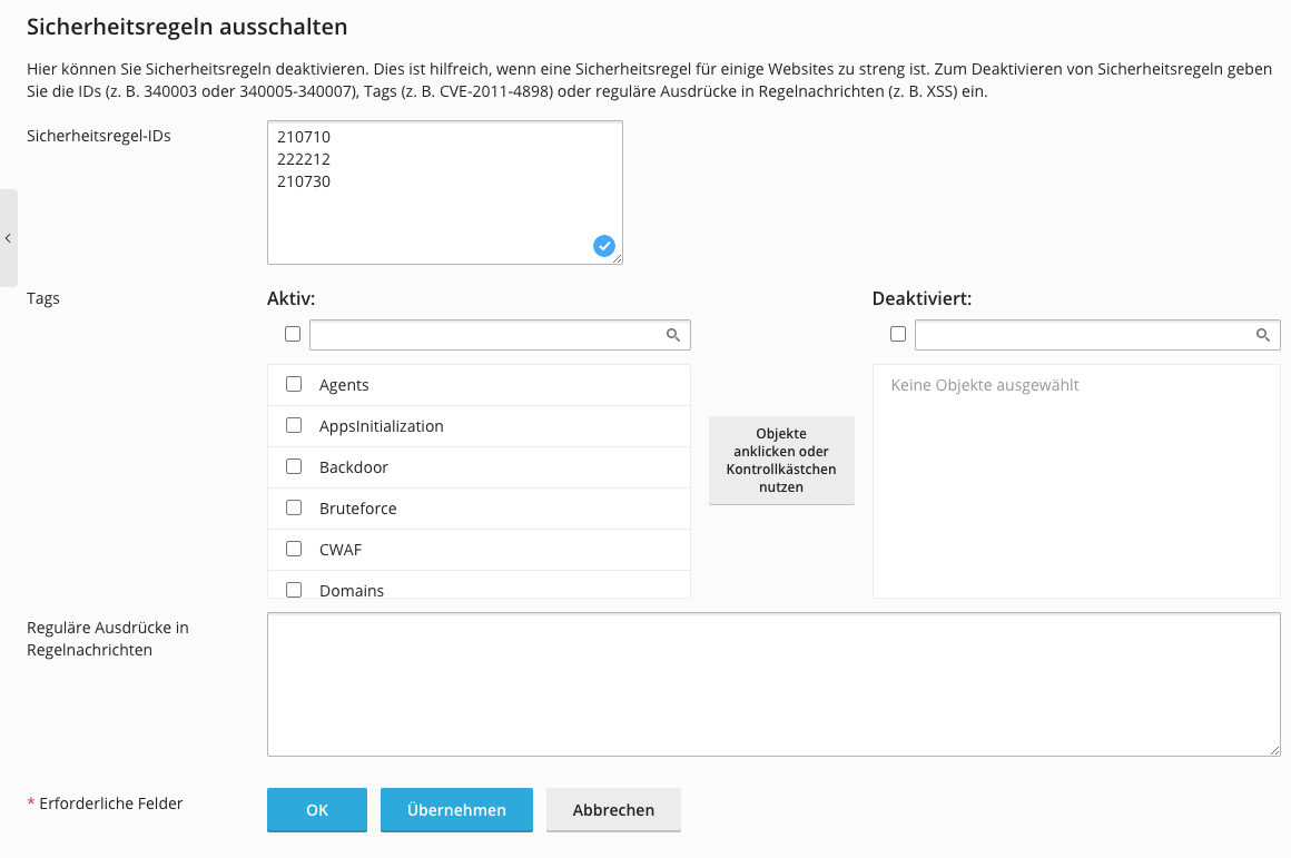 Sicherheitsregel deaktivieren - WAF