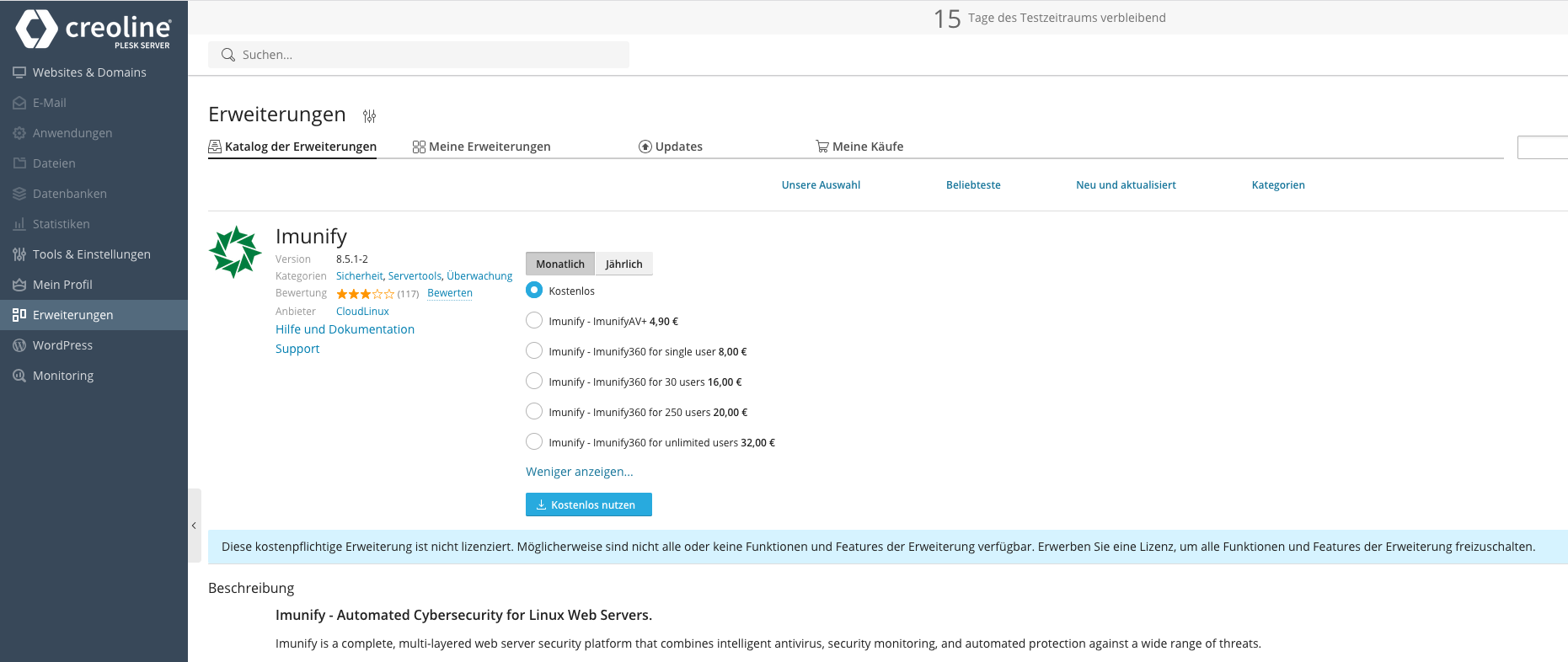 Imunify extension in the Plesk catalog