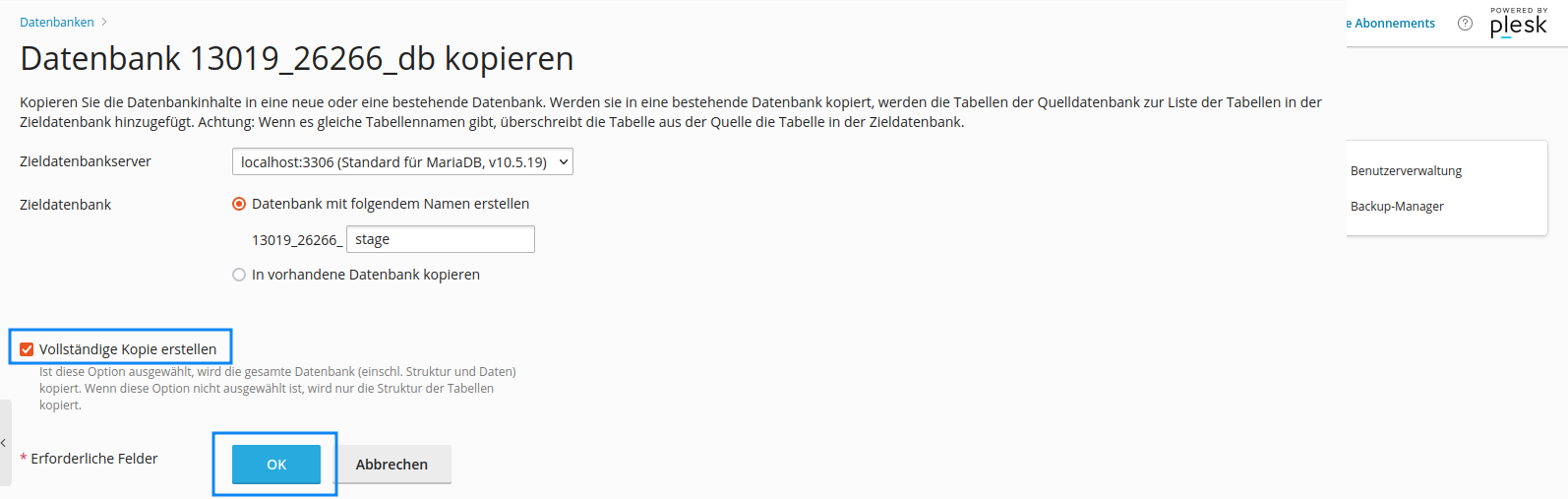 Plesk - vollständige Kopie erstellen