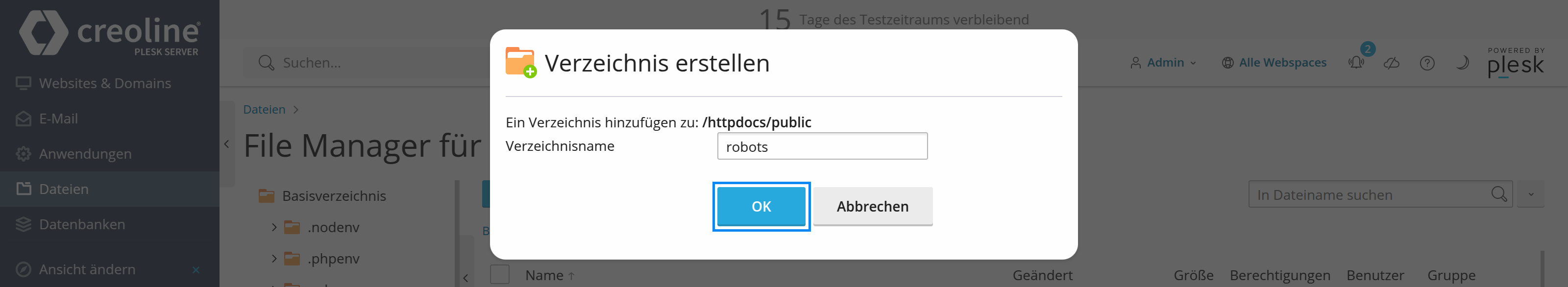 Plesk Control Panel - Verzeichnis erstellen