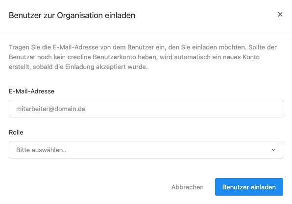 Pop-Up Benutzer in Organisation einladen