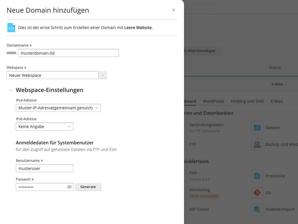 Plesk - Neue Domain & Systembenutzer hinzufügen