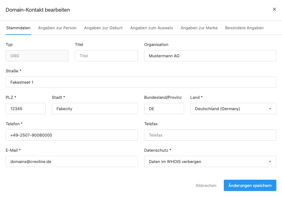 Domain-Kontakt bearbeiten