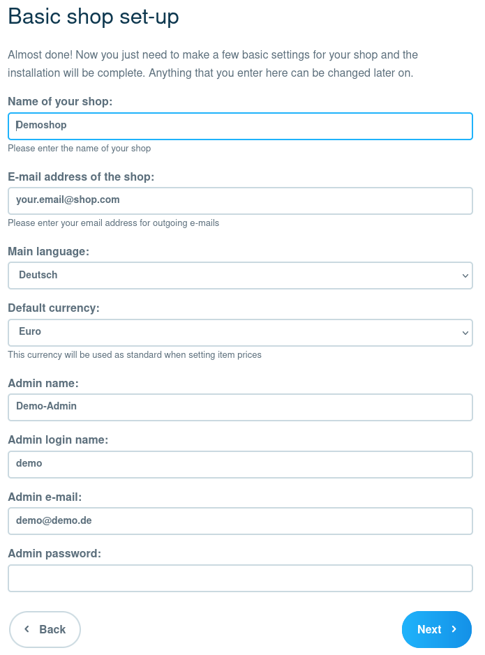 Shopware 5 Installation - Shop Setup