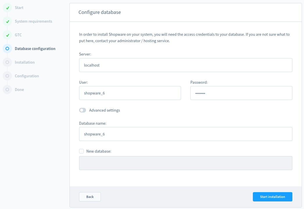 Shopware 6 Installation - Datenbankkonfiguration