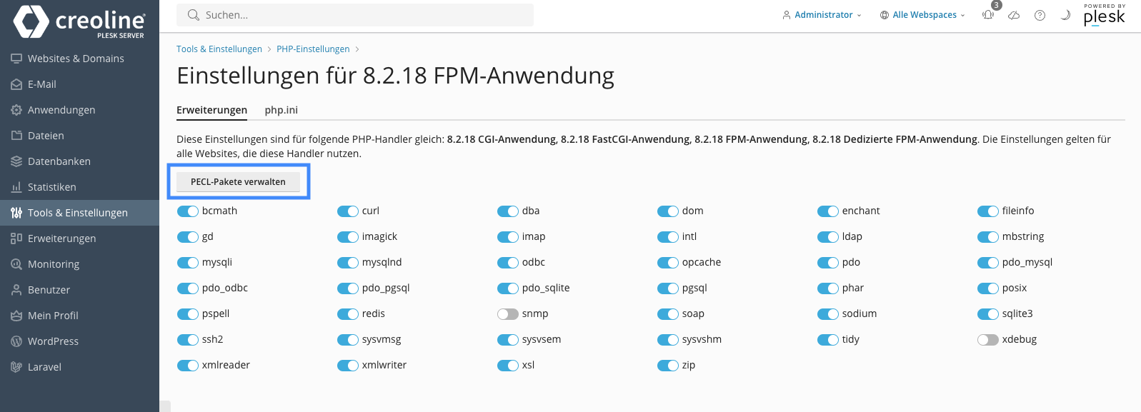 Übersicht installierter/aktivierter Extensions