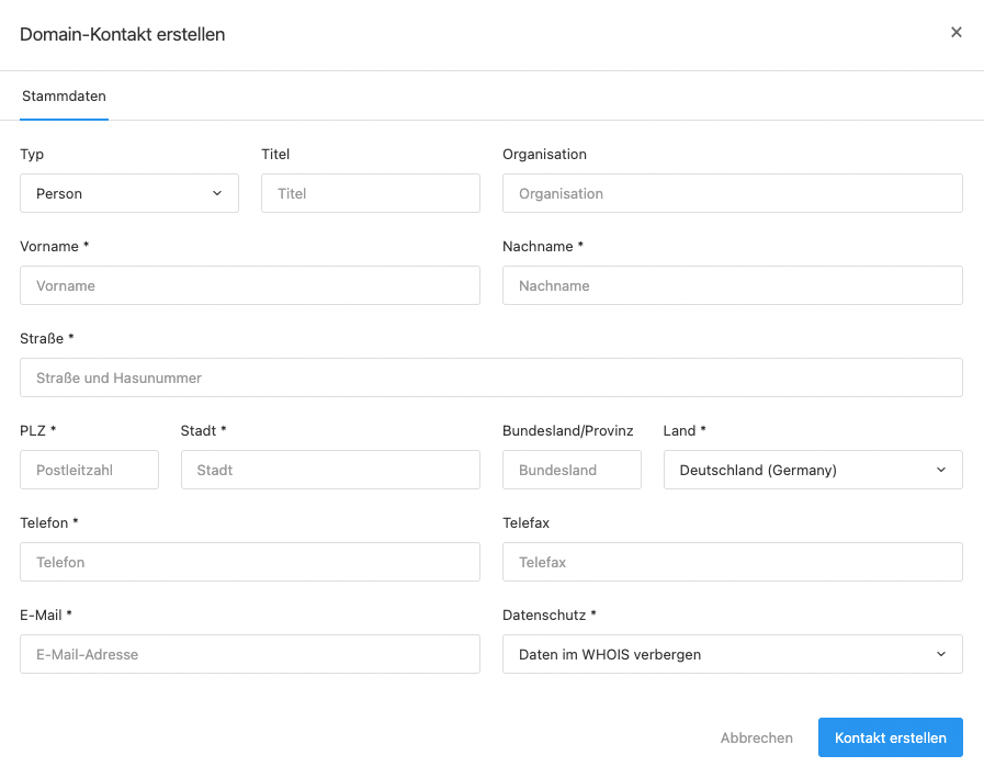 Domain-Kontakt erstellen