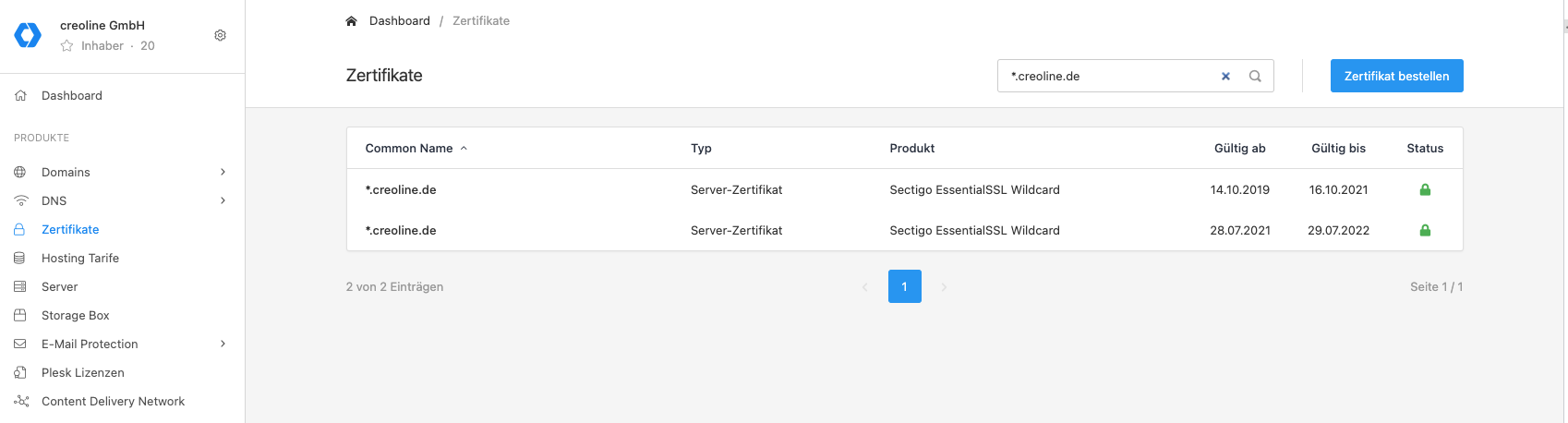 Übersicht SSL-Zertifikate