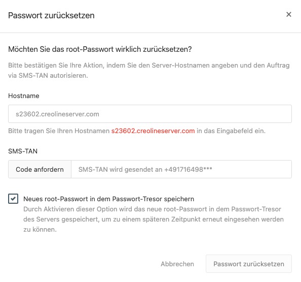 Server-Übersicht - Einstellungen - Passwort zurücksetzen 