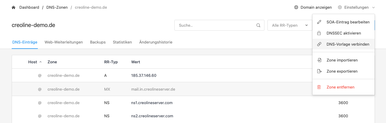 Connect DNS zone to a DNS template